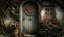 Peaceful Country Cottage Entrance Door With Vines, Flowers And Natural Building Materials. Generative AI