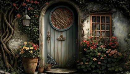 Peaceful country cottage entrance door with vines, flowers and natural building materials. Generative AI