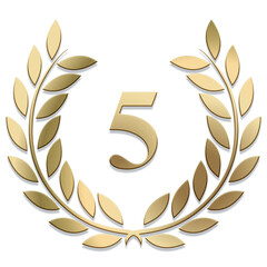 Wall Mural - 3D Gold PNG laurel wreath number 5 isolated	