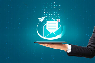 Aufkleber - E-mail marketing newsletter concept with envelope with notification alert and paper plane above human hand with digital tablet on abstract blue background