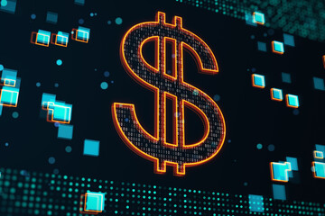 Poster - International currency and digital money concept with glowing dollar symbol covered by binary code on abstract dark technological background with blue pixels. 3D rendering