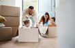 © Anela R/peopleimages.com - Family play in cardboard box for new house, moving and real estate celebration, investment and excited children. Homeowner parents or mom, dad and kids in boxes game bonding in property home together