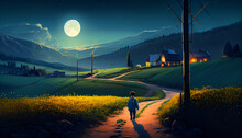 Small Child On Path In Mountains In The Night, Generative Ai