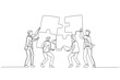 Cartoon of businessman with team bringing puzzle together. Concept of teamwork. One line style art