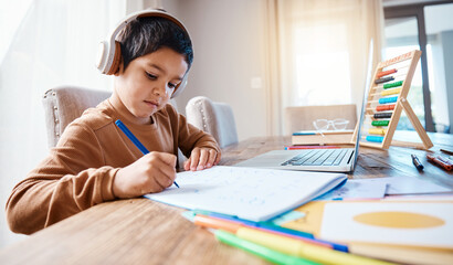 learning headphones, math education and kid in home with book for studying, homework or homeschool. 