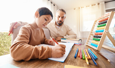 Sticker - Learning, math education and father with child in home with book for studying, homework or homeschool. Development, growth and boy or kid with man teaching him how to count, numbers and writing.