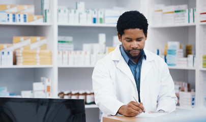 Wall Mural - Pharmacist, stock or black man writing on clipboard for medicine check, retail research or medical prescription in drugstore. Notes, pharmacy or worker on paper documents in pills checklist or order