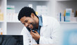© Wesley JvR/peopleimages.com - Pharmacist, black man or phone call for patient help, customer consulting or telehealth medicine research in drugstore. Smile, happy or talking pharmacy worker on telephone, computer or pills order