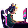 Asian girl gamer or streamer with a headset sits in front of a computer