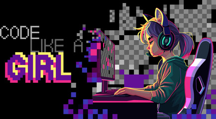 Asian girl programmer with a headset sits in front of a computer