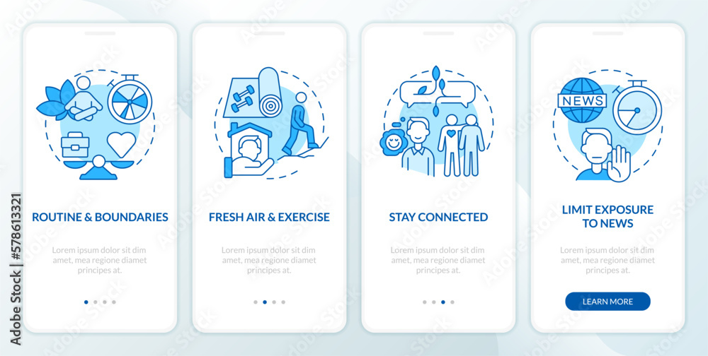 Remote workplace wellbeing tips blue onboarding mobile app screen ...