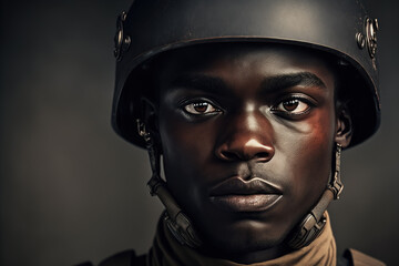 Canvas Print - portrait of black soldier in a helmet and modern ammunition. Generative AI