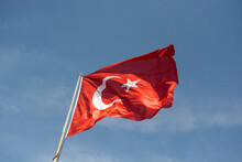 Turkish National Flag Hang On A Pole In Open Air