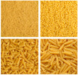 Collage of various raw dry yellow pasta.Filini vermicelli, small shell, fusilli, penne pasta