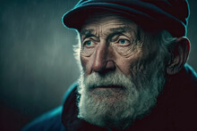 Portrait Of An Elderly Homeless Man Lonely Sad Man On Street In Rain. Generative AI
