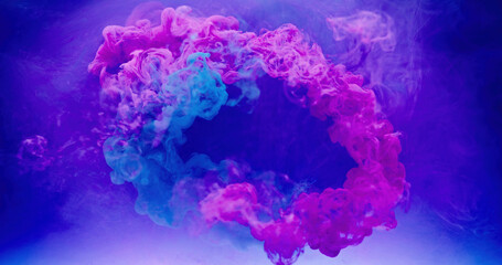 Wall Mural - Paint water. Smoke frame. Vapor cloud. Ink mix. Bright pink blue color mist swirl floating abstract art background with copy space.