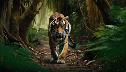 Wall Mural - bengal tiger in the jungle walking towards the camera. generative ai