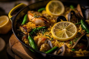 Wall Mural - Seafood paella with sauce and herbs. Generative AI