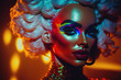 drag queen style transvestite black man with makeup in a women's dress at the show. Generative AI