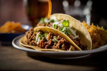 Wall Mural - Closeup photo of taco served on a plate. Mexican food cuisine. Generative AI