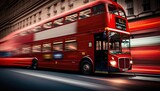 Fototapeta Londyn - Fast moving london red bus driving through the city with motion blur. Generative AI