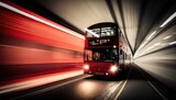 Fototapeta Londyn - Fast moving london red bus driving through the tunnel with motion blur. Generative AI