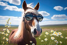 Smiling Horse In Glasses On The Meadow. Generative AI