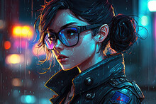Sexy Beautiful Girl Cop Of Future On Street In Cyberpunk Style. Generative AI