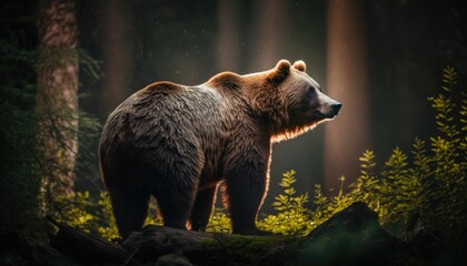 Wall Mural - grizzly brown bear walking free in a wild forest. generative ai