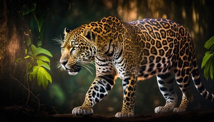 Wall Mural - leopard walking in the wild in a tropical forest. generative ai