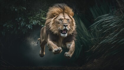 Wall Mural - lion hunting with mouth open in a wild tropical forest. generative ai