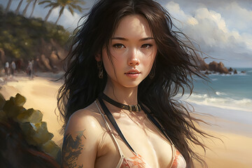 Wall Mural - Sexy Asian girl in a swimsuit on beach by sea in summer in anime style. Generative AI