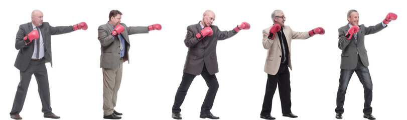 collage of businessmen in boxing gloves isolated