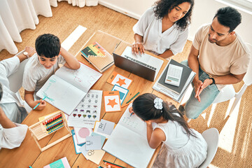 Poster - Education, learning and family together with homework, academic material and children study, people and table top view. Parents helping kids, learn and mother with laptop, growth and development