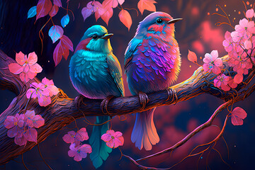 Wall Mural - Spring. A couple of birds sitting on top of a tree. Generative AI