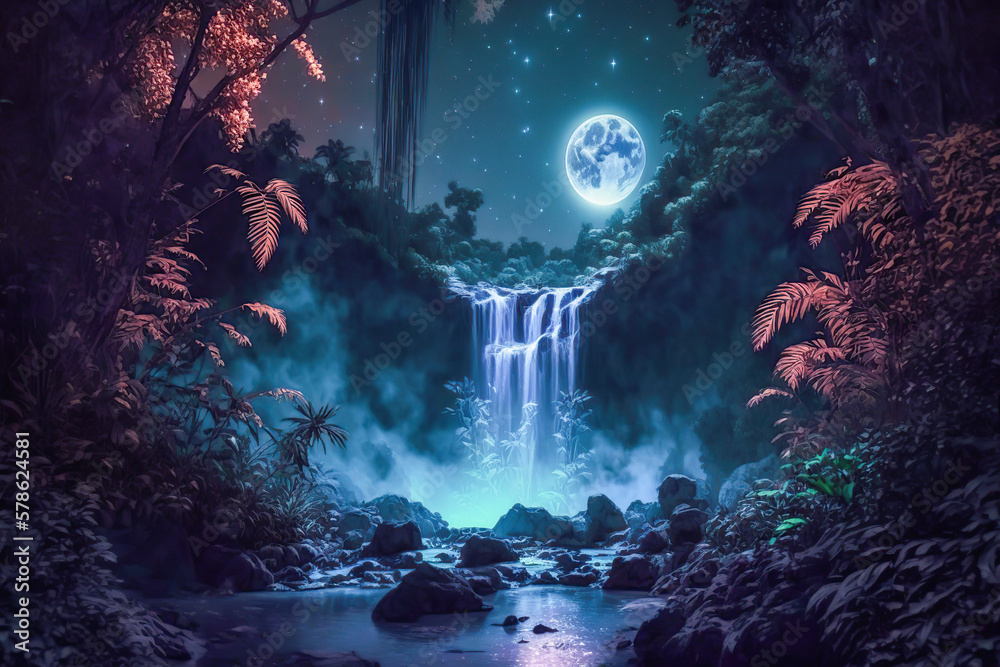 A beautiful enchanted forest with big fairytale trees, waterfall and ...