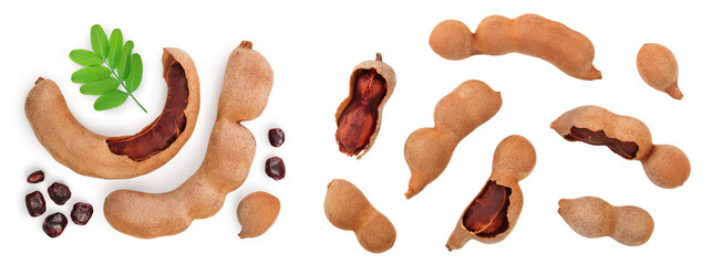 Wall Mural - Tamarind fruit with seed isolated on white background with copy space for your text. Top view. Flat lay