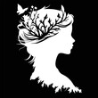 White Silhouette of woman face or head side view. Elegant female character with hairdo, royal person decal, clipart or wall sticker. Young queen, bride or lady wear tiara or crown vector portrait
