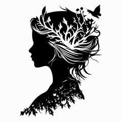 silhouette of queen face or head side view. elegant female character with hairdo, royal person black