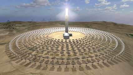 Concentrated solar power plant, harnessing the energy of the sun to produce electricity. green energy. sustainable energy.