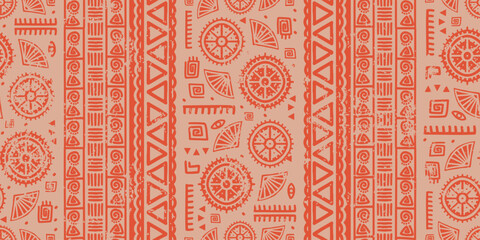 Wall Mural - Ethnic motifs pattern, Tribal hand drawn abstract drawing. Vector illustration african navajo ornaments. Geometric red color design. Afro mexican style. Good for fashion textile print.