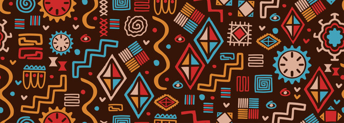 Wall Mural - African seamless pattern ethnic background, hand drawn geometric tribal graphic. Vector illustration fashion textile print, Colorful bohemian aztec design. Ornaments abstract creative handmade.