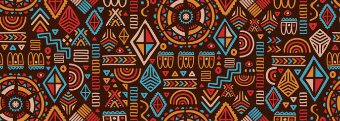 Wall Mural - African tribal seamless pattern drawing, Doodle elements symbol, ethnic aztec geometric design. Maya border handycraft with colorful decoration. Vector illustration for ancient print and textile.