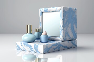 Canvas Print - Makeup product showcase, Blue fabric on a white marble podium. illustration. Generative AI