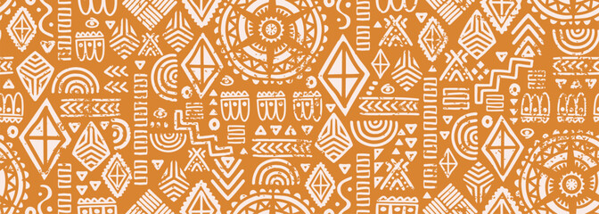Wall Mural - Retro african culture seamless pattern, ancient texture drawing decorative relief adinkra. Fashion textile print vector illustration navajo style.