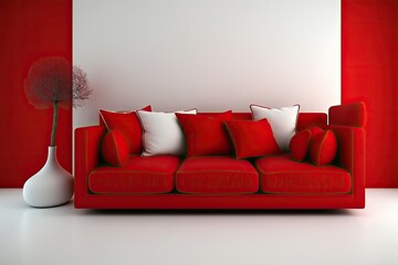 Poster - The trendy red sofa is displayed against a white background. home furnishings. Generative AI