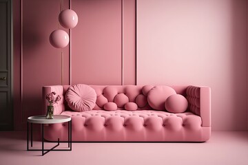 Poster - Pink sofa mockup on a pink wall in a living room with no other furniture. Generative AI
