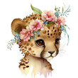 Watercolor baby cheetah leopard with wreath of flowers on his head. Cute cartoon character isolated on white background. Kawaii cub jaguar in floral crown, adorable portrait or kids book illustration