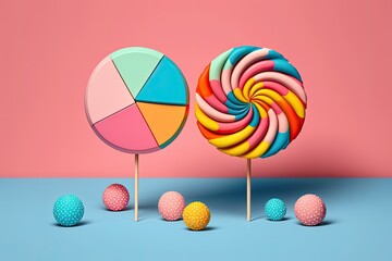 Poster - Lollipops in primary colors and pastels are placed at right angles to one another on a pink background. Generative AI