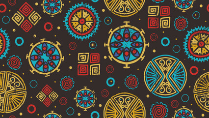 Wall Mural - Decorative circle seamless pattern, Tribal vector drawing. Ethnic symbols colorful vintage handmade. Mandala geometric with doodle motifs, fashion textile print.